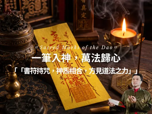 道教符咒置於香案之上，展現書符、持咒與神炁相合的道法儀式意象