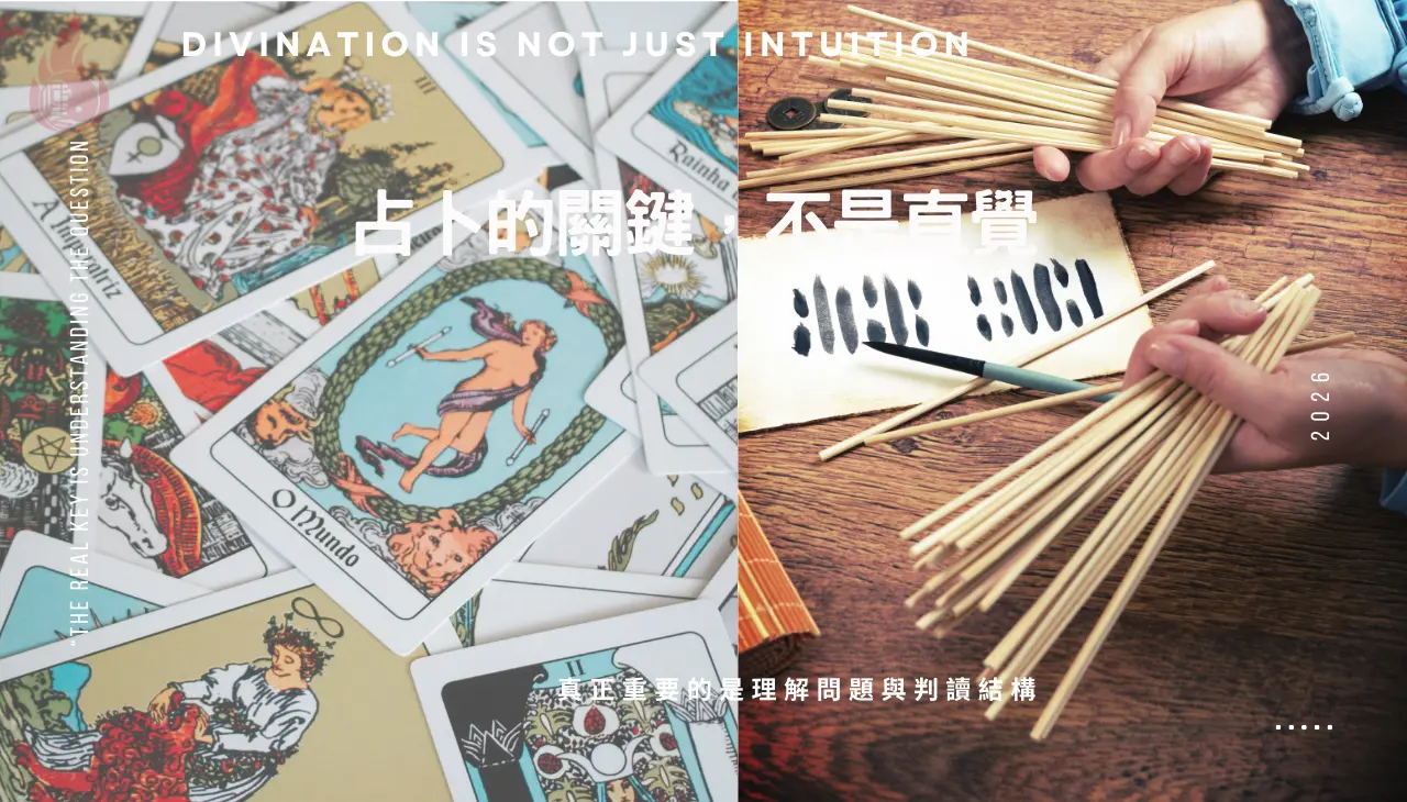直覺式塔羅占卜示意圖，占卜判讀的關鍵在於理解問題與判讀結構