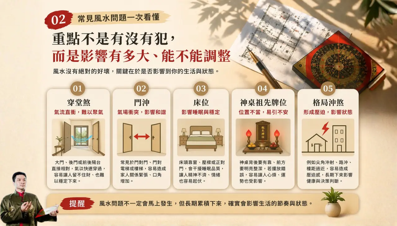 常見風水問題解析 穿堂煞門沖床位神桌格局影響說明