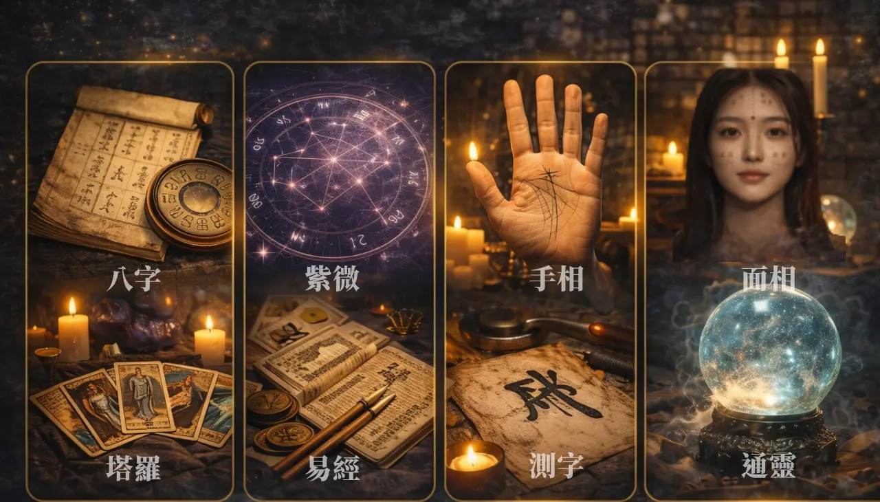 算命分類圖包含八字紫微面相手相測字與通靈方式