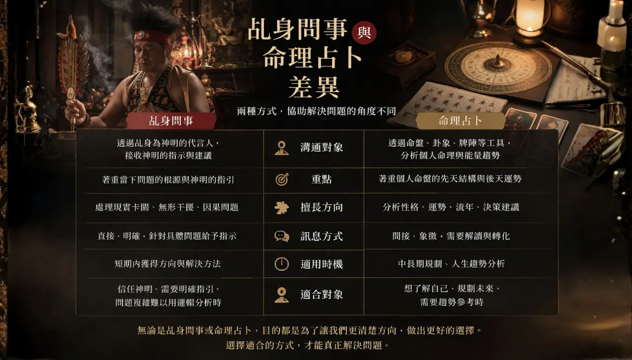 乩身問事與命理占卜比較圖 解釋問題方式與實際應用差異