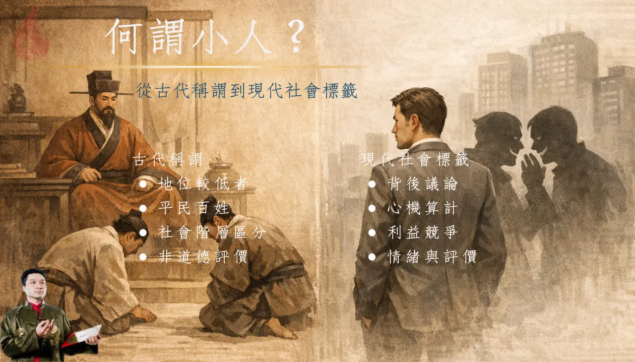 小人從古代身分稱謂轉變為現代人際負面標籤的對比畫面