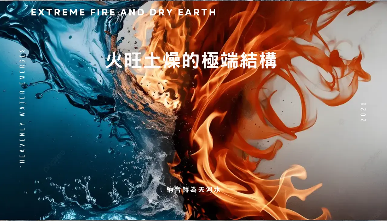 丙午與丁未的火旺土燥結構，說明火極而轉化為天河水的命理邏輯