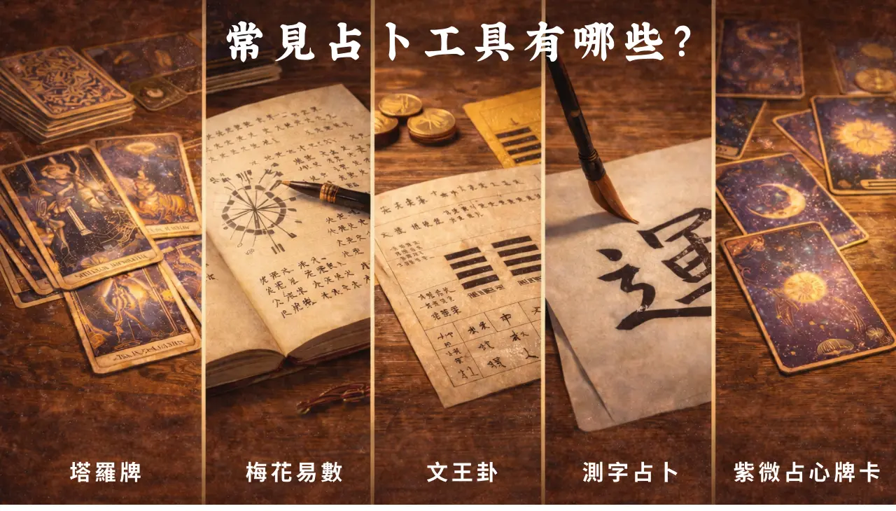 常見占卜工具，包括塔羅牌、梅花易數、文王卦、測字占卜與紫微占心牌卡