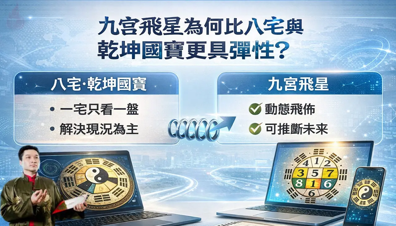 九宮飛星與八宅、乾坤國寶風水比較圖，說明飛星動態飛布與時間推演的彈性優勢