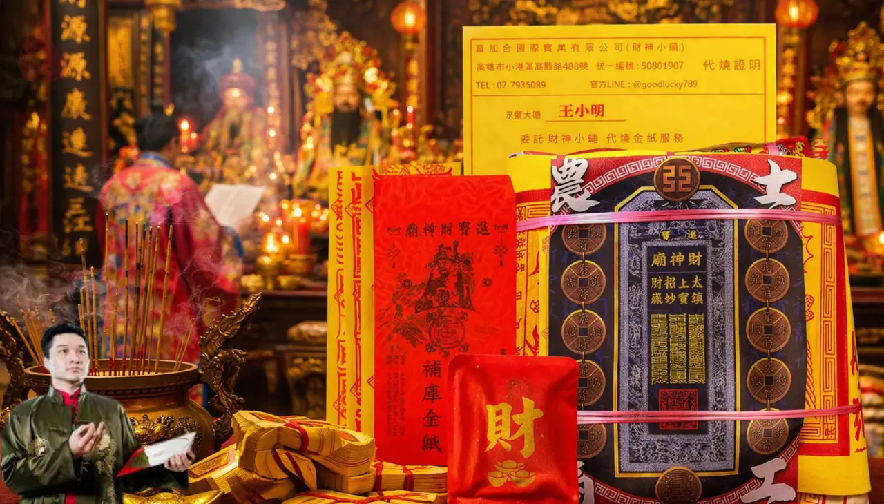 廟內進行補財庫儀式,供品與金紙象徵財氣補充與運勢改善