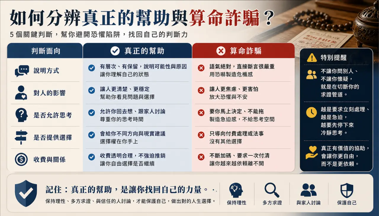 分辨真正幫助與算命詐騙，從說明方式、情緒影響、思考時間、選擇權與收費關係判斷風險