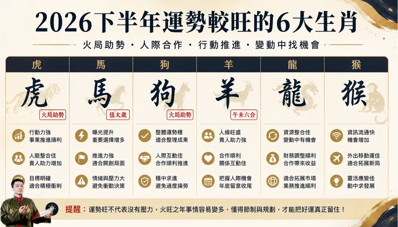 2026下半年運勢較旺生肖，包含虎、馬、狗、羊、龍、猴的事業、人際與財運機會提醒