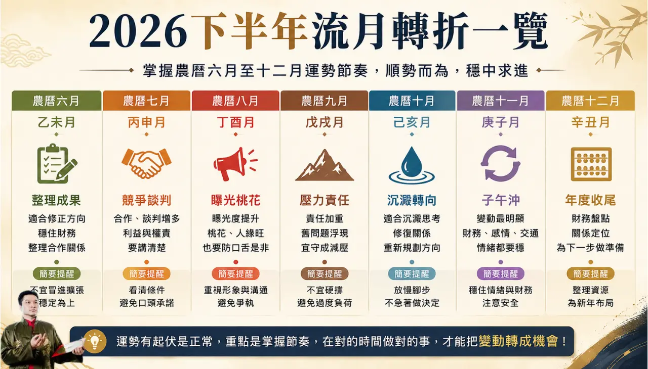2026下半年流月轉折一覽，整理農曆六月至十二月的運勢節奏、財務、人際與收尾提醒