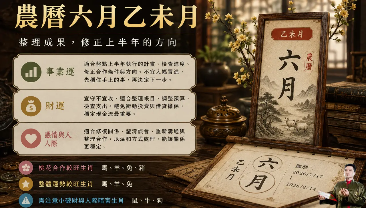 農曆六月乙未月流月運勢，整理上半年成果並呈現事業、財運與感情人際重點