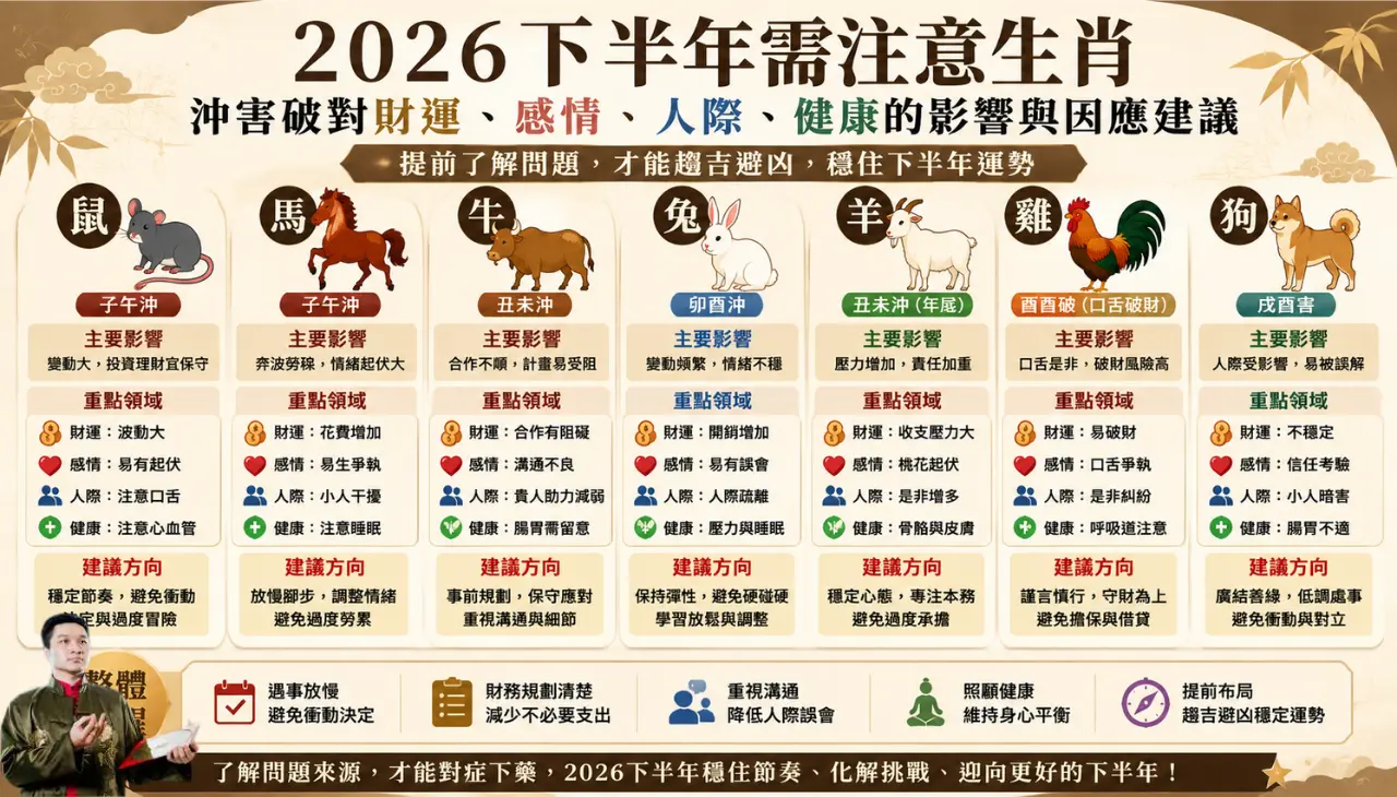 2026下半年需注意生肖總整理，呈現鼠馬牛兔羊雞狗的財運、感情與人際重點