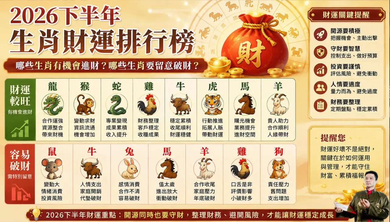 2026下半年生肖財運整理,呈現財運較旺生肖與容易破財生肖的守財重點