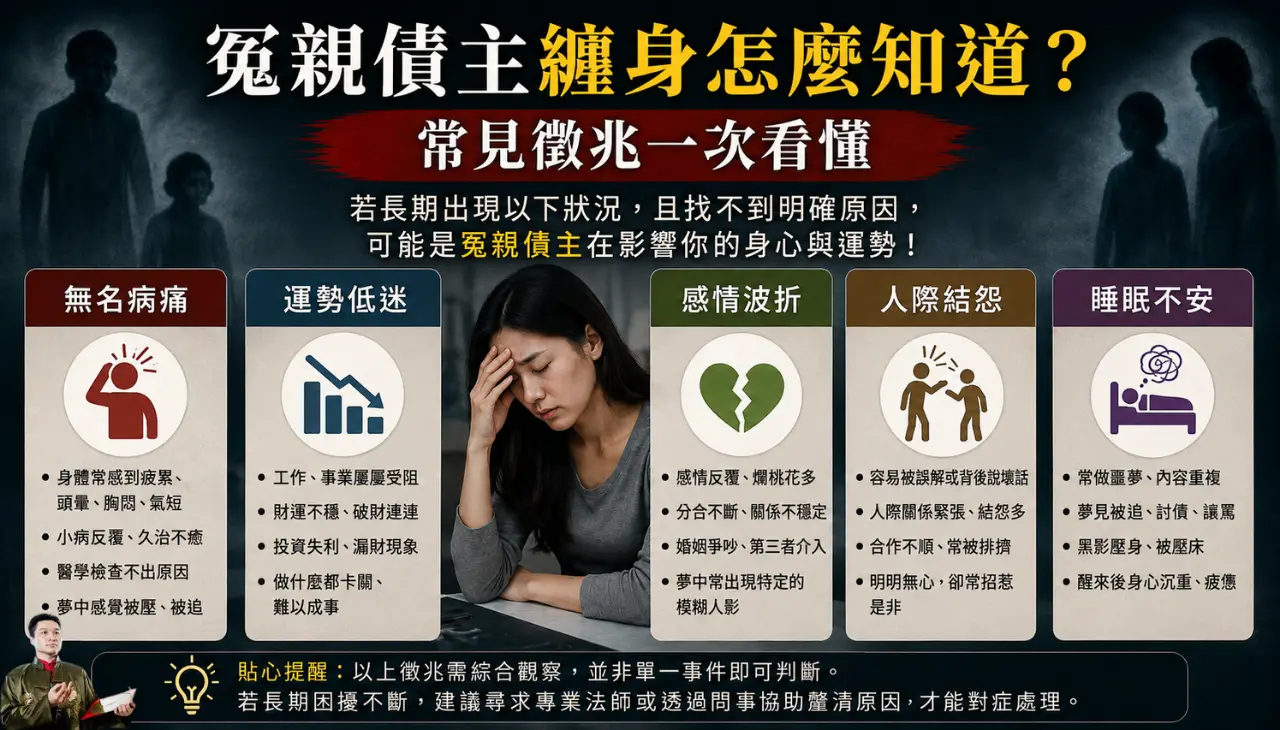 冤親債主纏身常見徵兆,包含無名病痛、運勢低迷、感情波折、人際結怨與睡眠不安