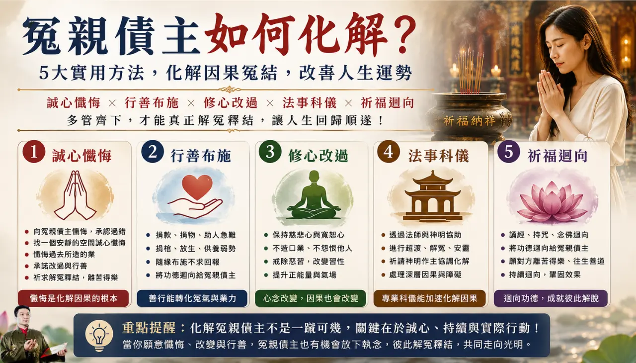 冤親債主如何化解,透過誠心懺悔、行善布施、修心改過、法事科儀與祈福迴向改善人生運勢