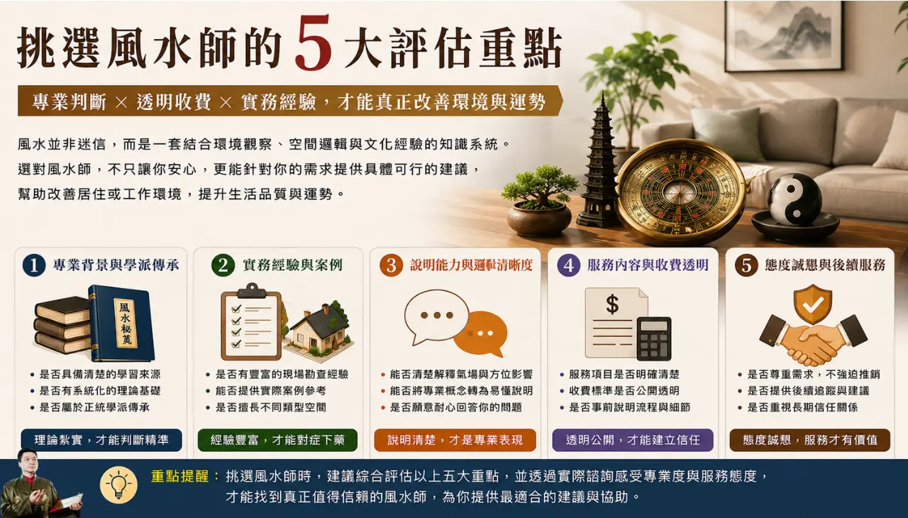 挑選風水師的五大評估重點，包含專業背景、實務經驗、說明能力、透明收費與後續服務態度