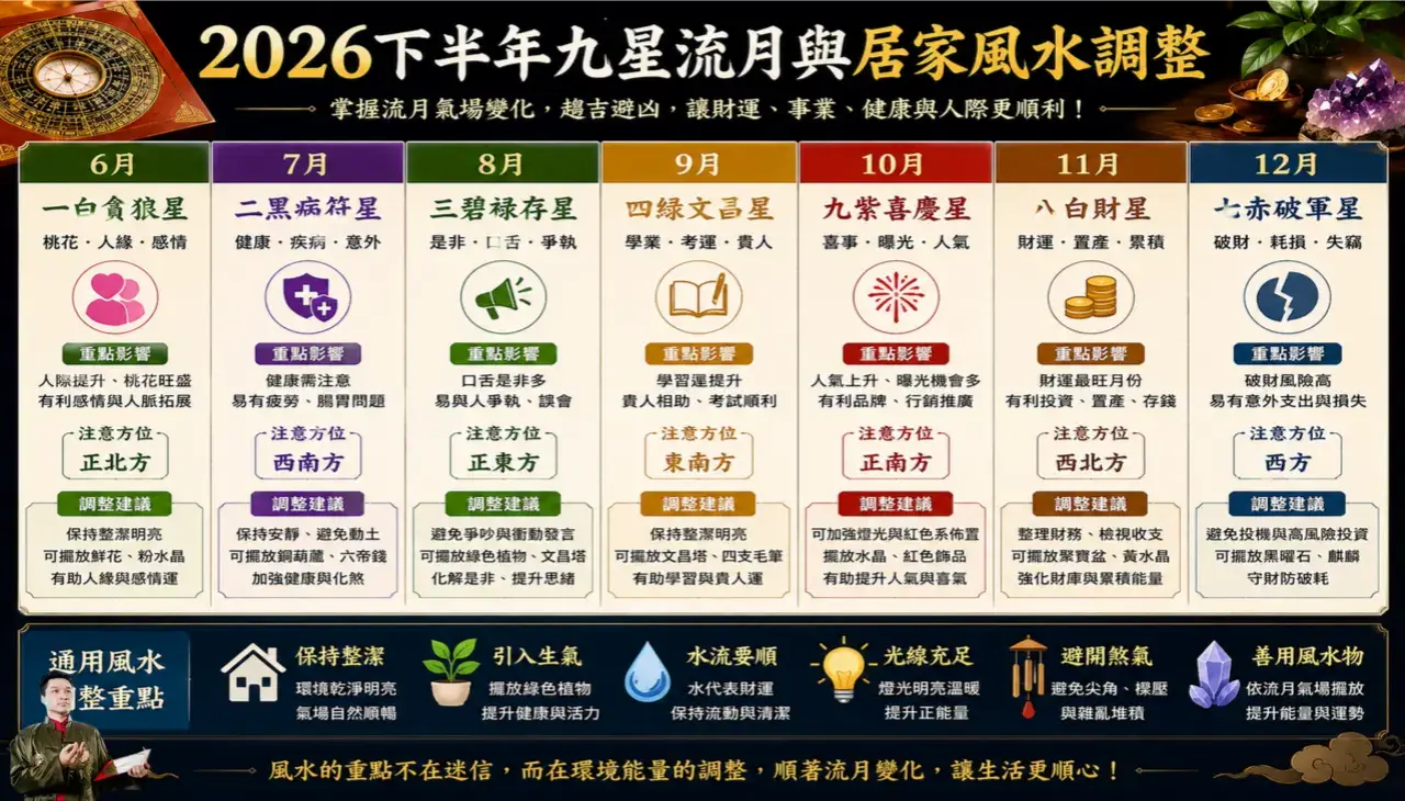 2026下半年九星流月與居家風水調整重點