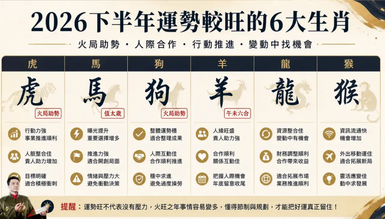 2026下半年運勢較旺生肖，包含虎、馬、狗、羊、龍、猴的事業、人際與財運機會提醒