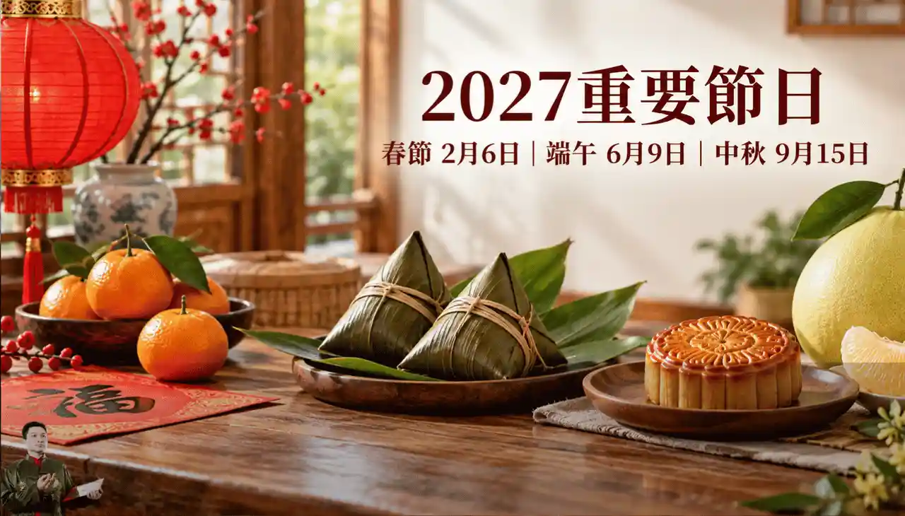 2027春節2月6日、端午節6月9日與中秋節9月15日