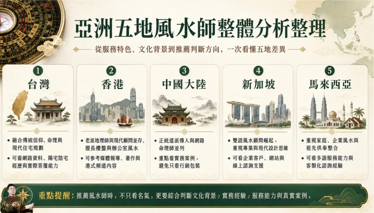 亞洲五地風水師整體分析，整理台灣、香港、中國大陸、新加坡與馬來西亞風水師的服務特色與推薦判斷重點