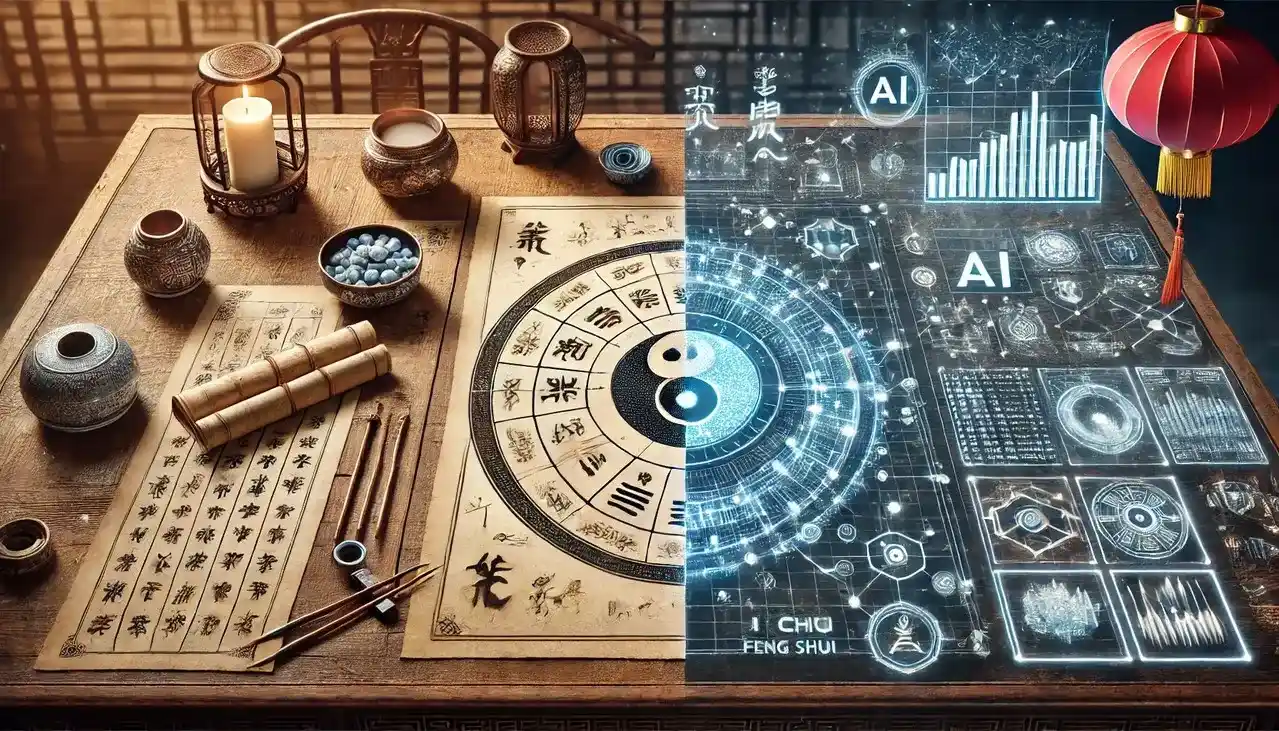 傳統命理風水工具與 AI 科技分析介面的對比,呈現古老智慧與人工智慧的融合。