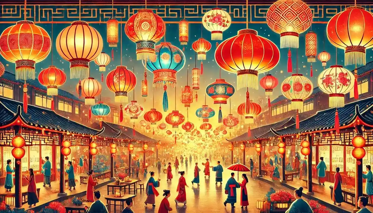 元宵節燈會街景，傳統建築間懸掛各式紅色燈籠，民眾漫步欣賞節慶燈飾。
