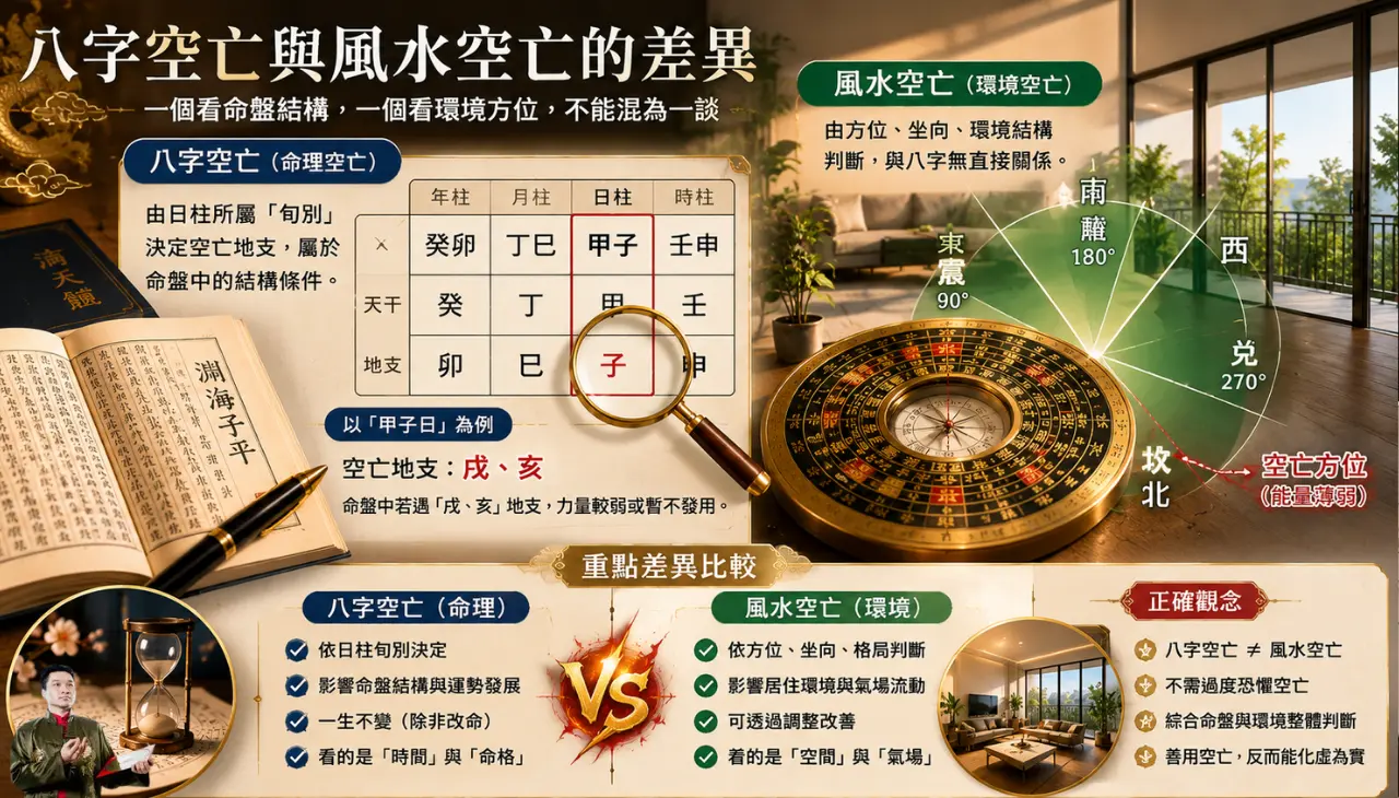 八字空亡與風水空亡差異比較,說明日柱旬空、羅盤方位與命理風水判斷重點