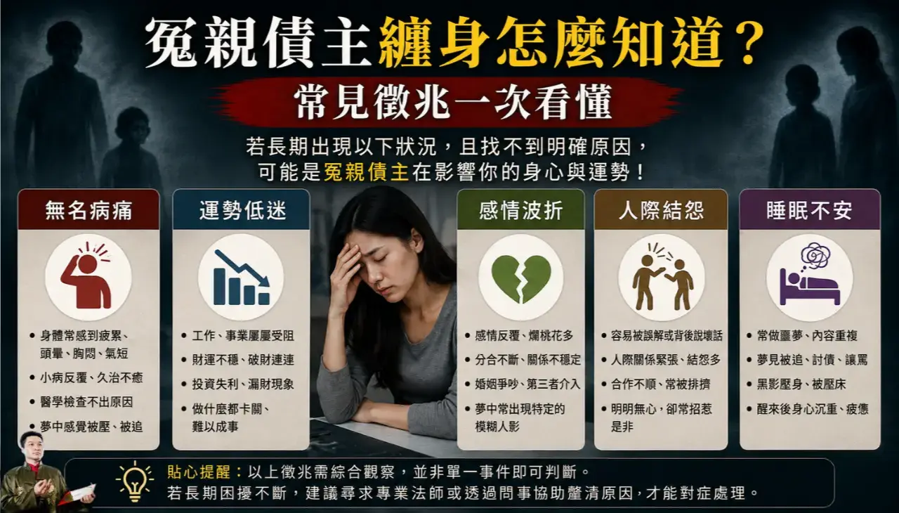 冤親債主纏身常見徵兆,包含無名病痛、運勢低迷、感情波折、人際結怨與睡眠不安