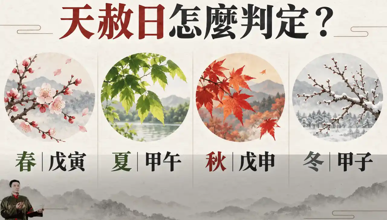 天赦日春戊寅夏甲午秋戊申冬甲子判定方式