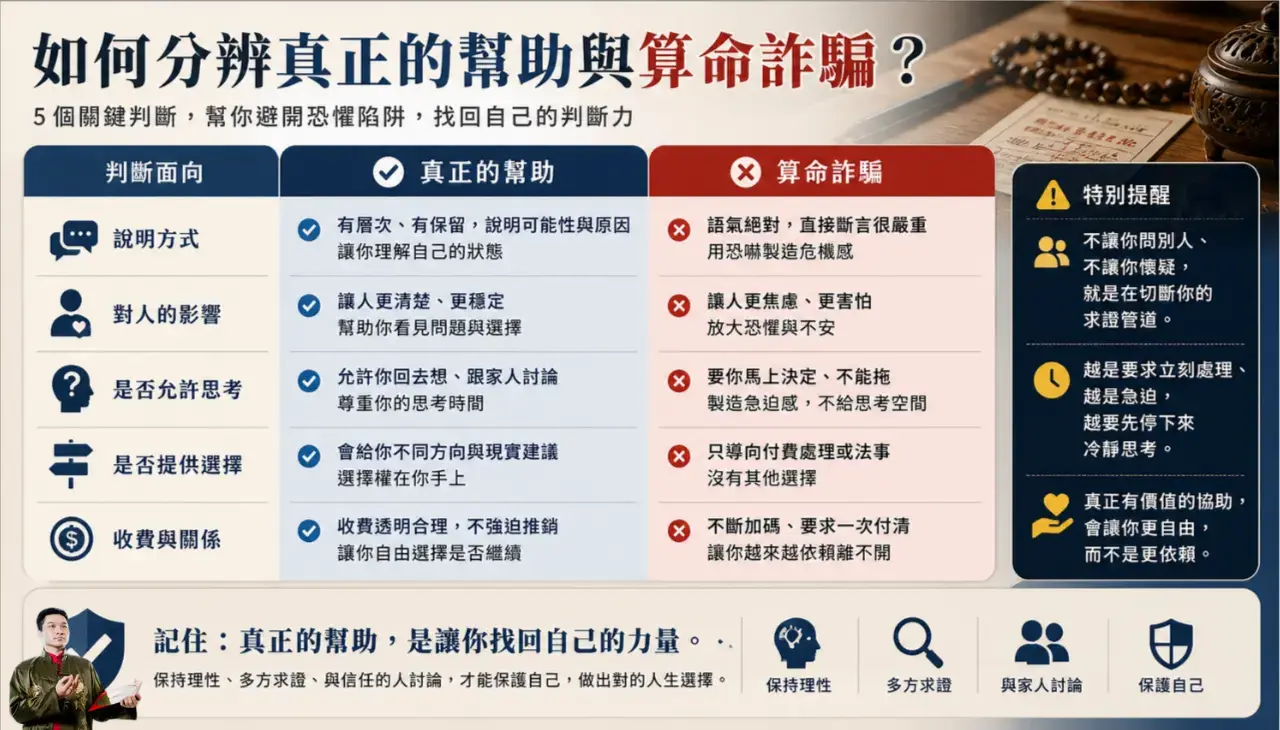 分辨真正幫助與算命詐騙，從說明方式、情緒影響、思考時間、選擇權與收費關係判斷風險