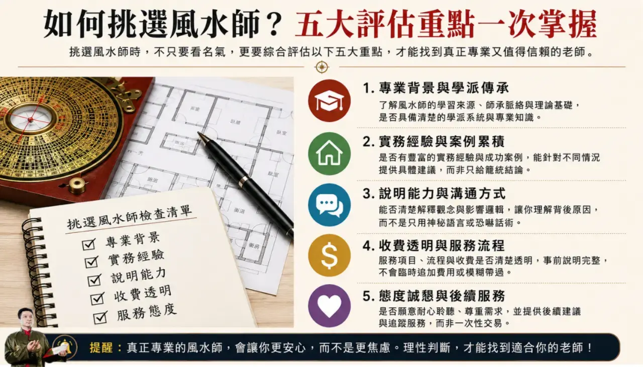 挑選風水師的五大評估重點包含專業背景實務經驗說明能力收費透明與服務態度