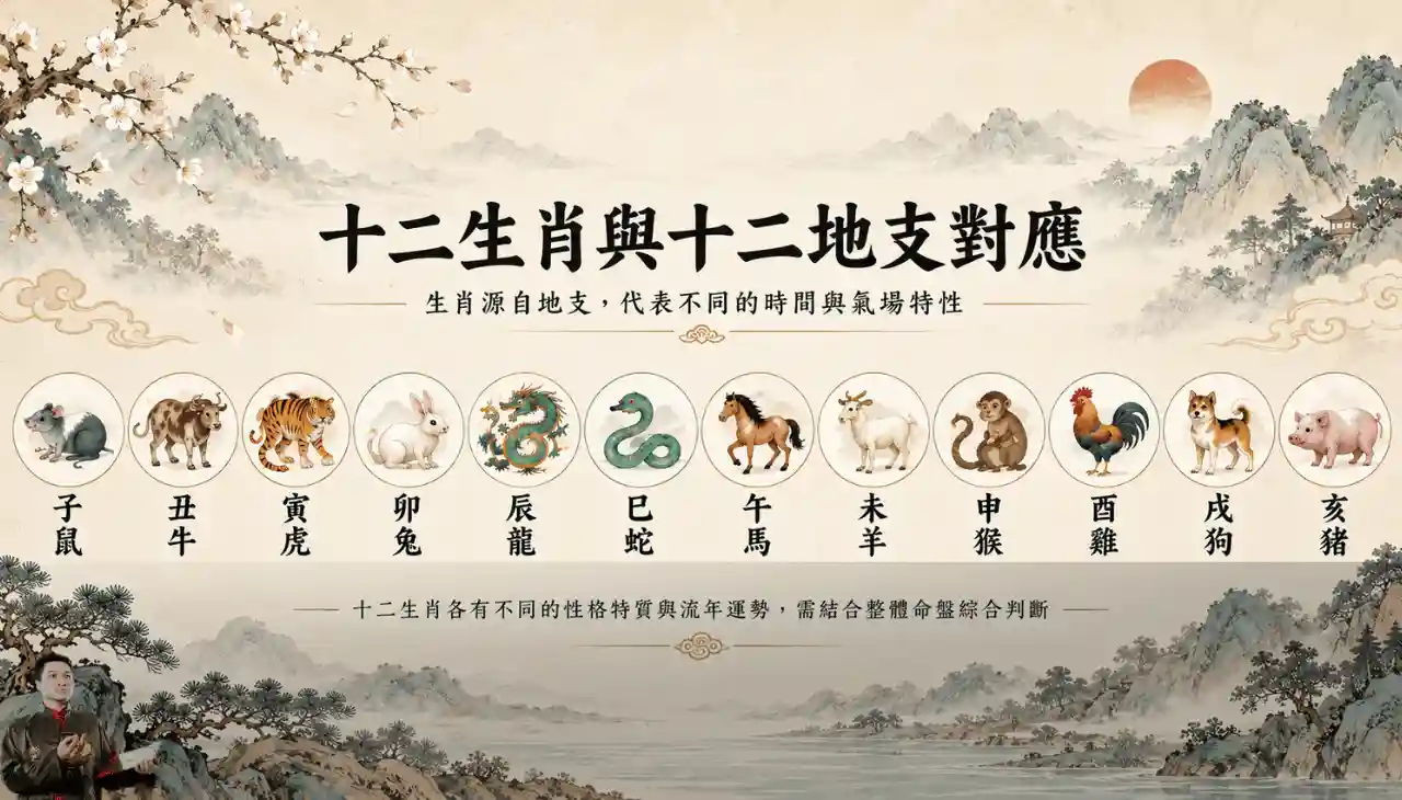 子鼠丑牛寅虎卯兔至亥豬的十二生肖與十二地支對應圖