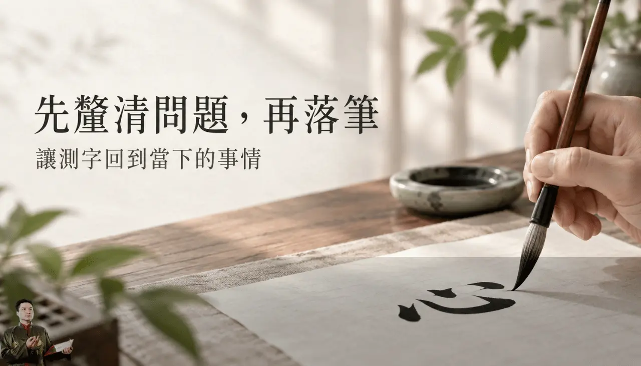 手持毛筆書寫心字，呈現測字前聚焦問題的準備過程
