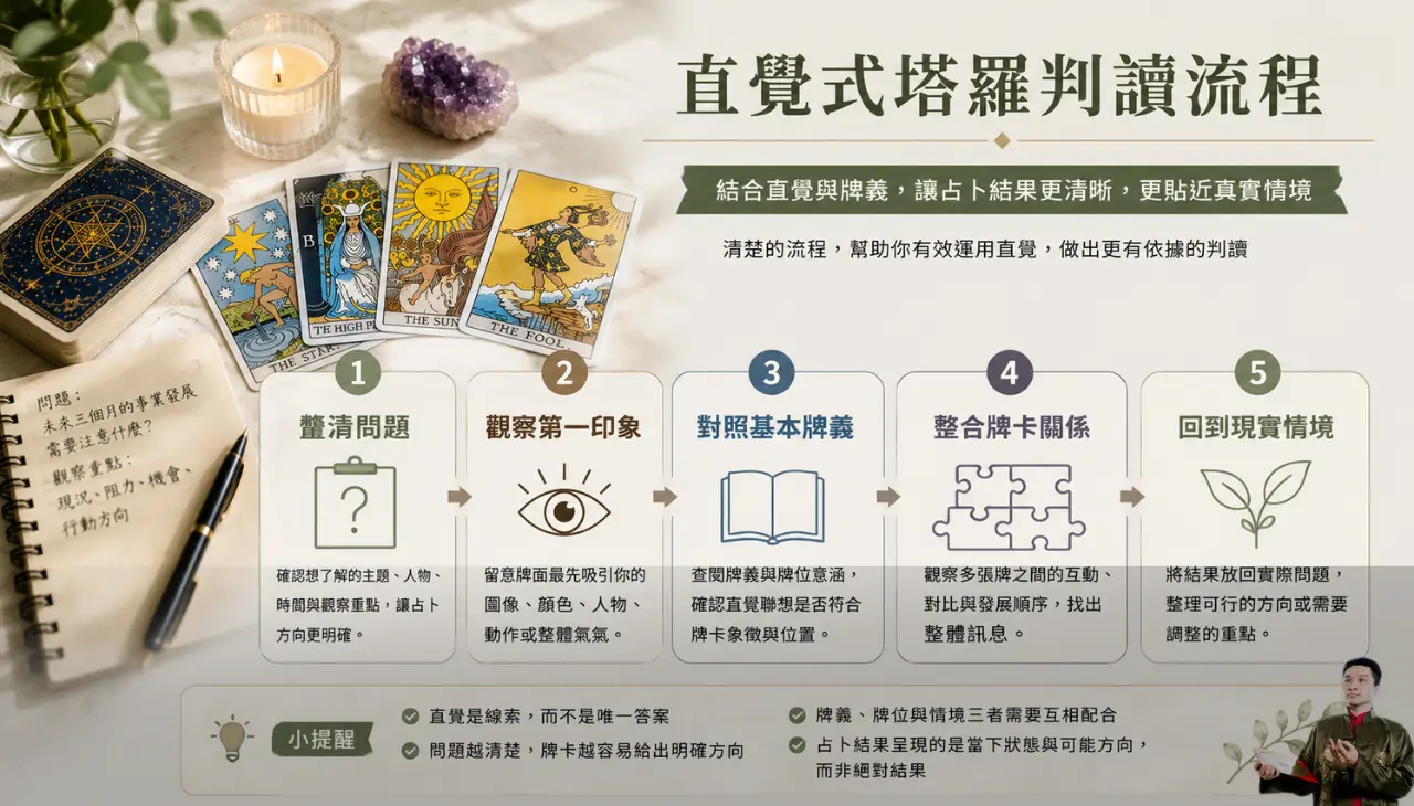直覺式塔羅從釐清問題、觀察第一印象、對照牌義到整合牌卡關係的判讀流程