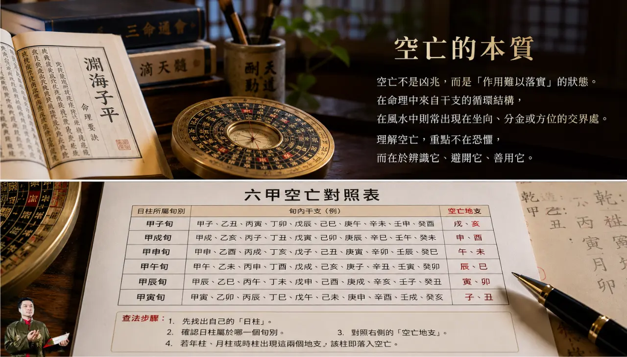 空亡是什麼意思與六甲空亡對照表,搭配羅盤說明八字空亡與風水空亡的差異