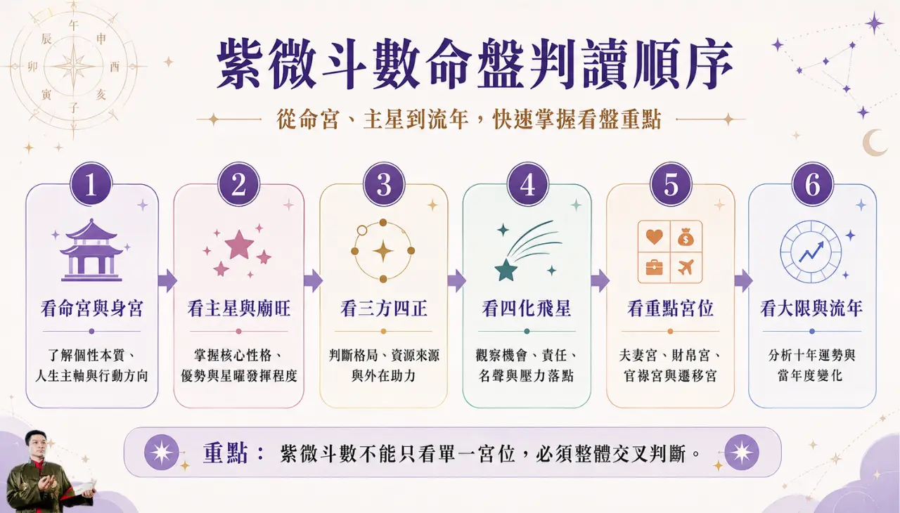 紫微斗數命盤判讀順序流程，說明從命宮身宮、主星廟旺、三方四正、四化飛星到大限流年的解盤步驟