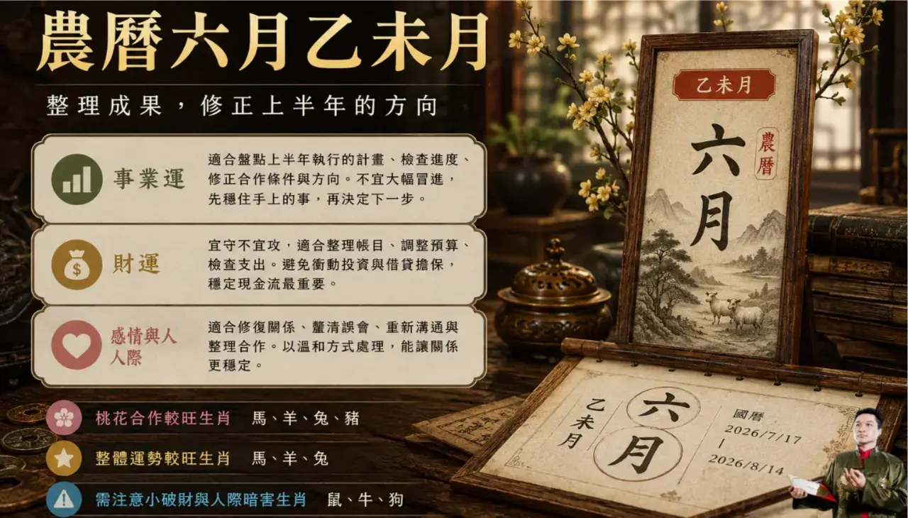農曆六月乙未月流月運勢，整理上半年成果並呈現事業、財運與感情人際重點
