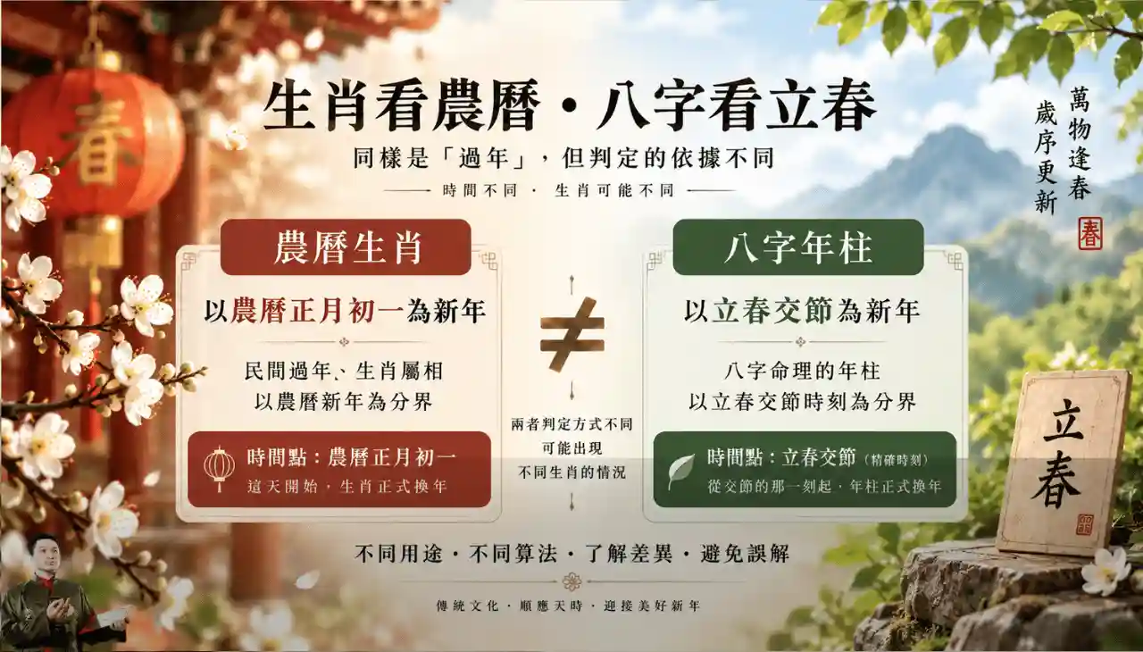 農曆生肖以正月初一換年，八字年柱以立春交節判定的差異圖